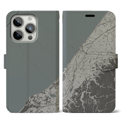 【能美（石川県）】地図柄iPhoneケース（手帳タイプ）モノトーン・iPhone 15 Pro 用