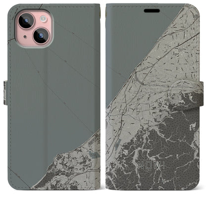 【能美（石川県）】地図柄iPhoneケース（手帳タイプ）モノトーン・iPhone 15 Plus 用