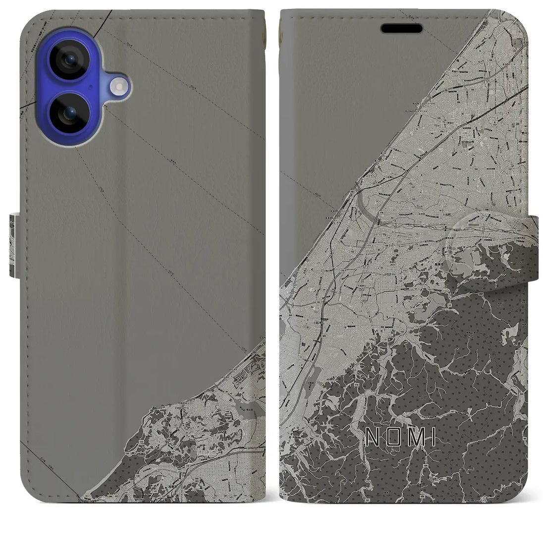 【能美(石川県)】地図柄iPhoneケース(手帳タイプ)モノトーン・iPhone 16 Pro Max 用