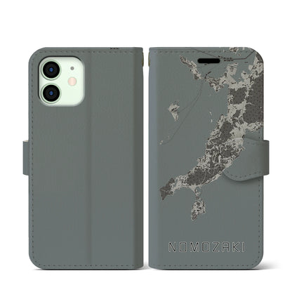 【野母崎（長崎県）】地図柄iPhoneケース（手帳タイプ）モノトーン・iPhone 12 mini 用