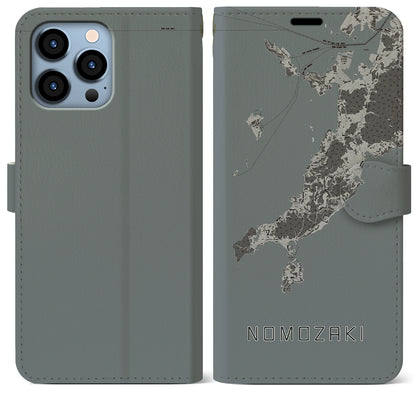 【野母崎（長崎県）】地図柄iPhoneケース（手帳タイプ）モノトーン・iPhone 13 Pro Max 用