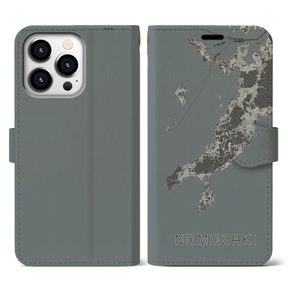 【野母崎（長崎県）】地図柄iPhoneケース（手帳タイプ）モノトーン・iPhone 13 Pro 用