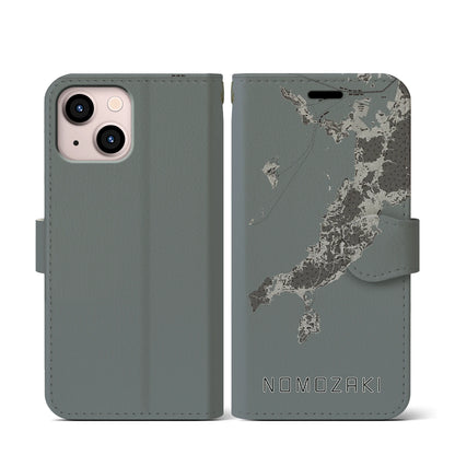 【野母崎（長崎県）】地図柄iPhoneケース（手帳タイプ）モノトーン・iPhone 13 mini 用