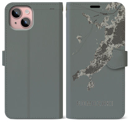 【野母崎（長崎県）】地図柄iPhoneケース（手帳タイプ）モノトーン・iPhone 15 Plus 用