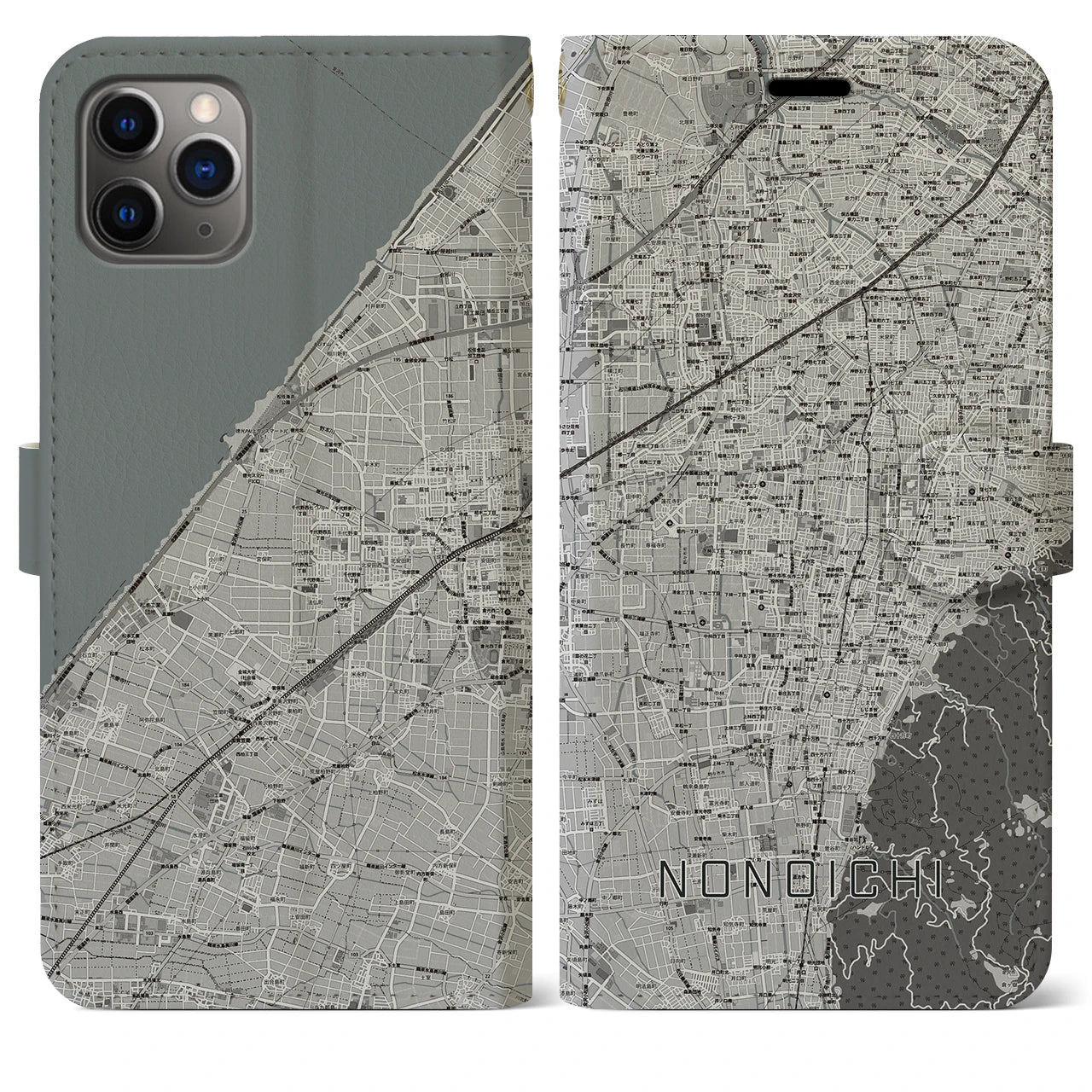 【野々市】地図柄iPhoneケース（手帳両面タイプ・モノトーン）iPhone 11 Pro Max 用