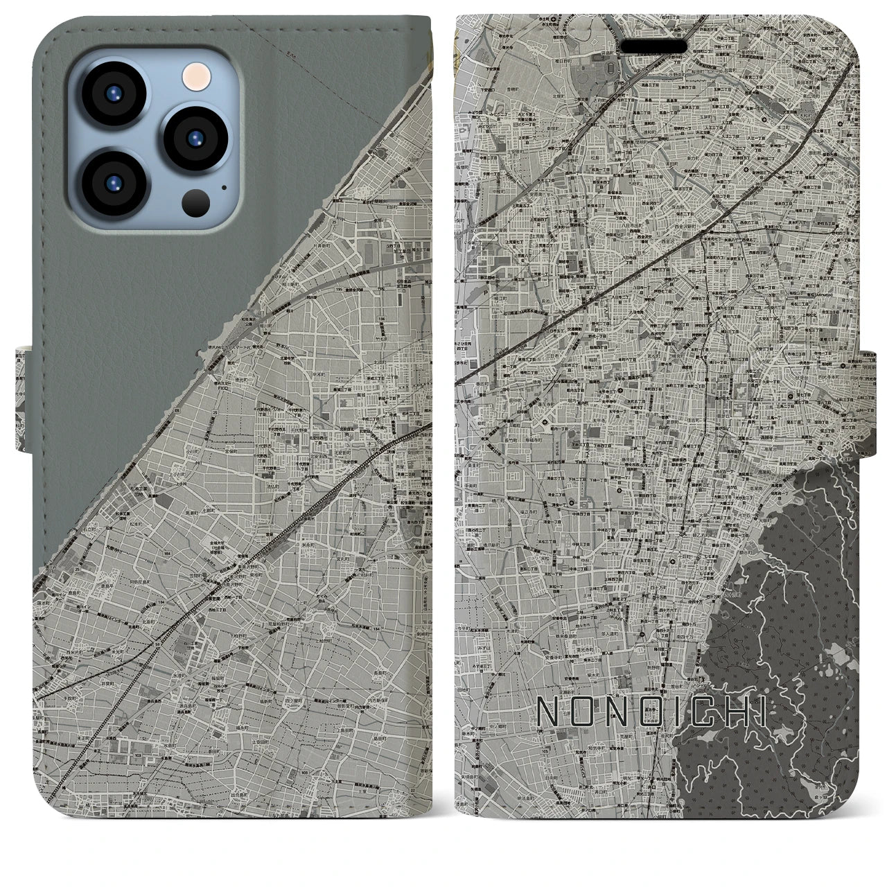 【野々市】地図柄iPhoneケース（手帳両面タイプ・モノトーン）iPhone 13 Pro Max 用