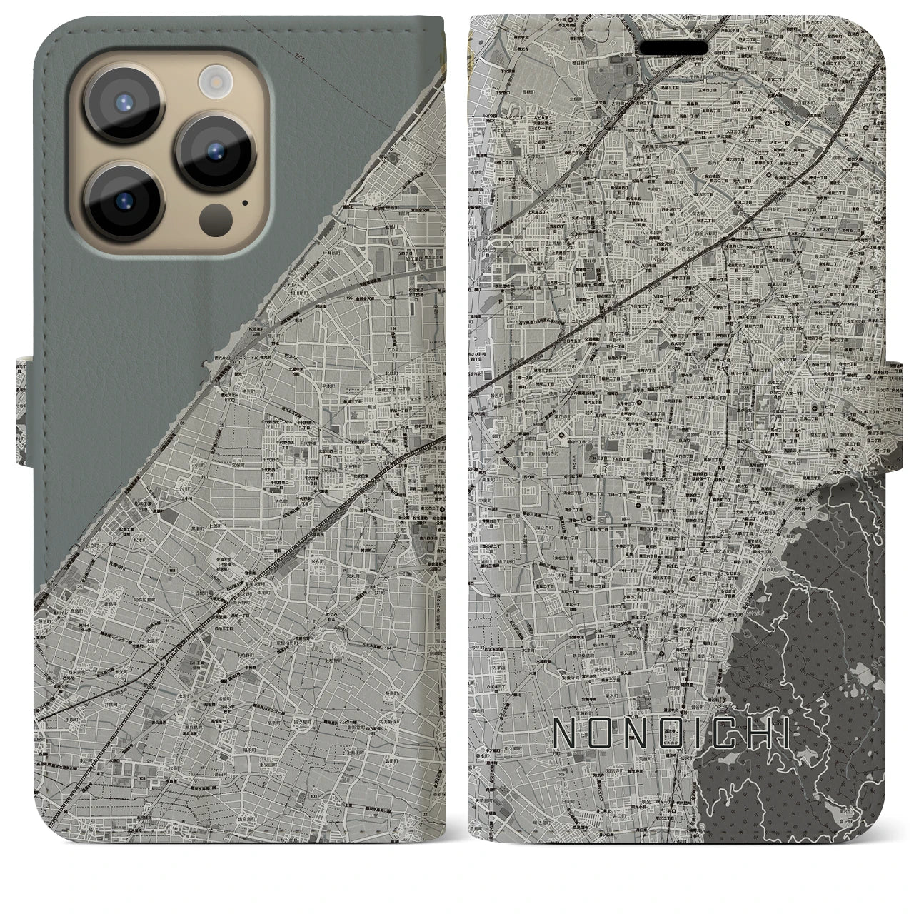 【野々市】地図柄iPhoneケース（手帳両面タイプ・モノトーン）iPhone 14 Pro Max 用