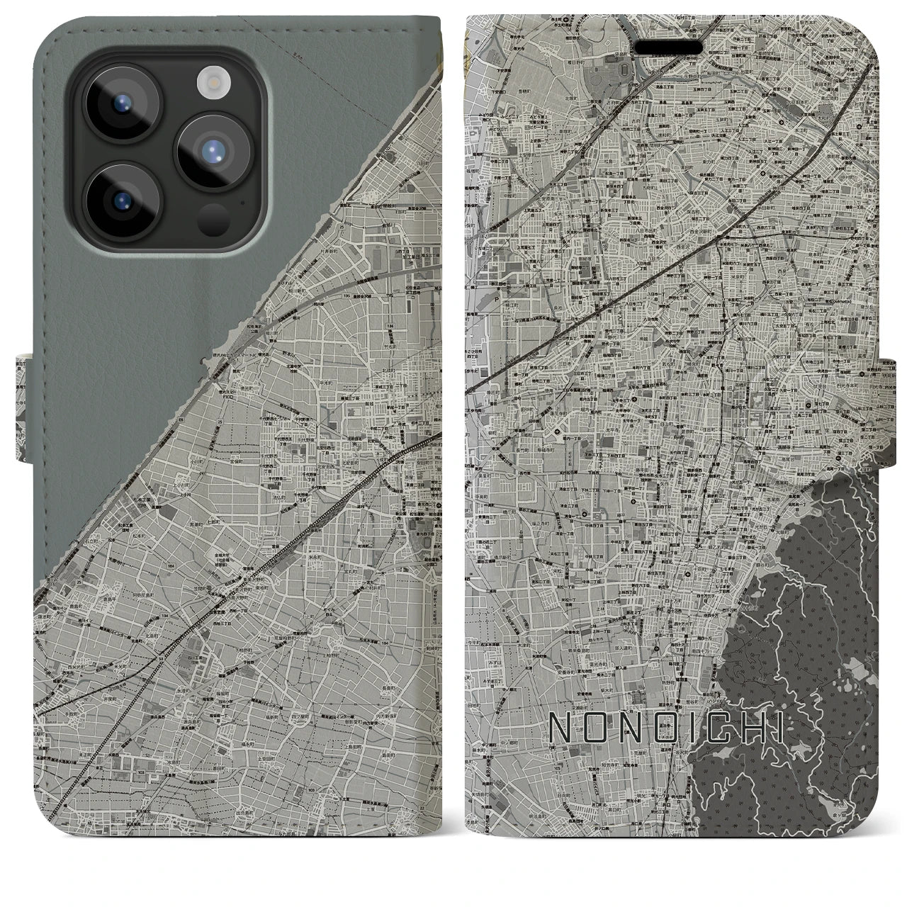 【野々市】地図柄iPhoneケース（手帳両面タイプ・モノトーン）iPhone 15 Pro Max 用