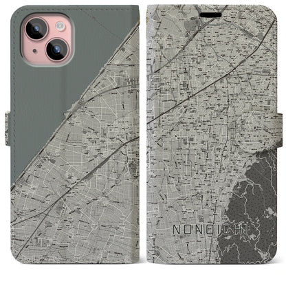 【野々市（石川県）】地図柄iPhoneケース（手帳タイプ）モノトーン・iPhone 15 Plus 用