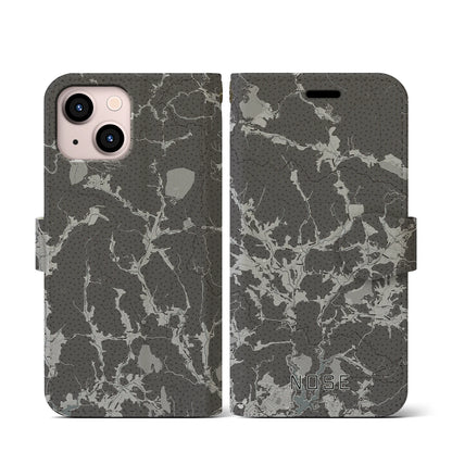 【能勢（大阪府）】地図柄iPhoneケース（手帳タイプ）モノトーン・iPhone 13 mini 用