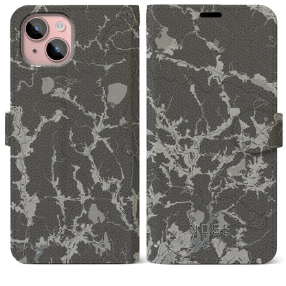 【能勢（大阪府）】地図柄iPhoneケース（手帳タイプ）モノトーン・iPhone 15 Plus 用