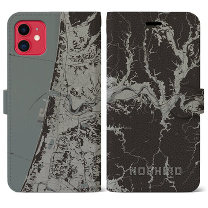 【能代（秋田県）】地図柄iPhoneケース（手帳タイプ）モノトーン・iPhone 11 用