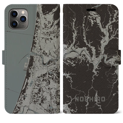 【能代（秋田県）】地図柄iPhoneケース（手帳タイプ）モノトーン・iPhone 11 Pro Max 用