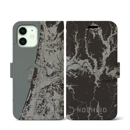 【能代（秋田県）】地図柄iPhoneケース（手帳タイプ）モノトーン・iPhone 12 mini 用