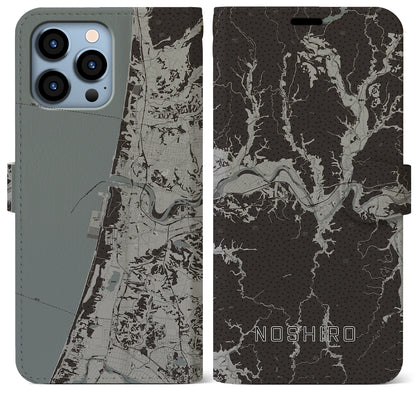 【能代（秋田県）】地図柄iPhoneケース（手帳タイプ）モノトーン・iPhone 13 Pro Max 用