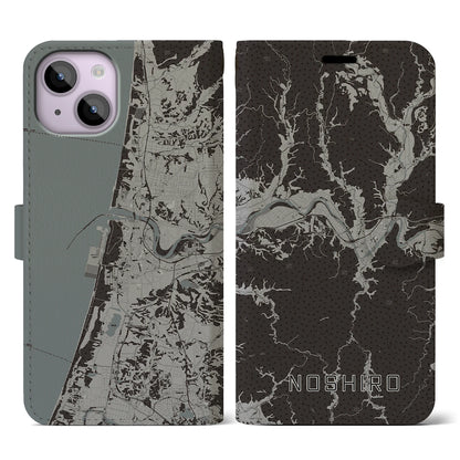 【能代（秋田県）】地図柄iPhoneケース（手帳タイプ）モノトーン・iPhone 14 用