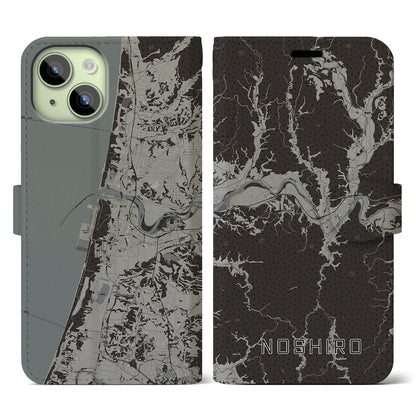 【能代（秋田県）】地図柄iPhoneケース（手帳タイプ）モノトーン・iPhone 15 用