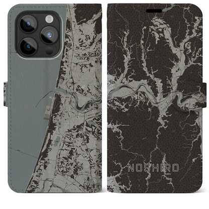 【能代（秋田県）】地図柄iPhoneケース（手帳タイプ）モノトーン・iPhone 15 Pro Max 用