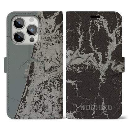 【能代（秋田県）】地図柄iPhoneケース（手帳タイプ）モノトーン・iPhone 15 Pro 用