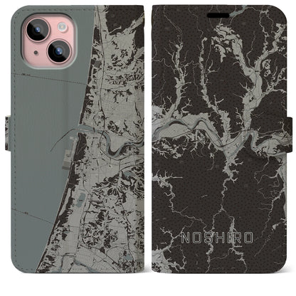 【能代（秋田県）】地図柄iPhoneケース（手帳タイプ）モノトーン・iPhone 15 Plus 用