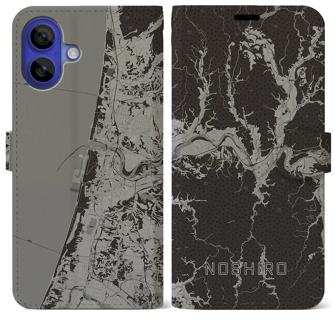 【能代(秋田県)】地図柄iPhoneケース(手帳タイプ)モノトーン・iPhone 16 Pro Max 用