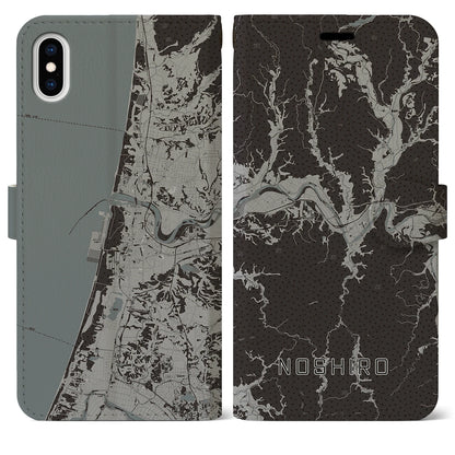 【能代（秋田県）】地図柄iPhoneケース（手帳タイプ）モノトーン・iPhone XS Max 用