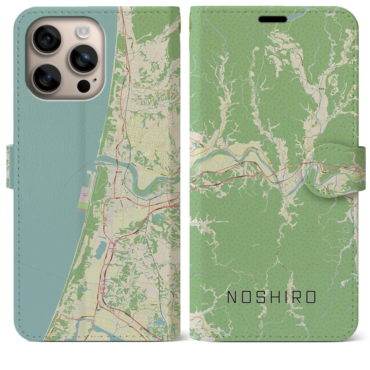 【能代（秋田県）】地図柄iPhoneケース（手帳タイプ）ナチュラル・iPhone 16 Plus 用