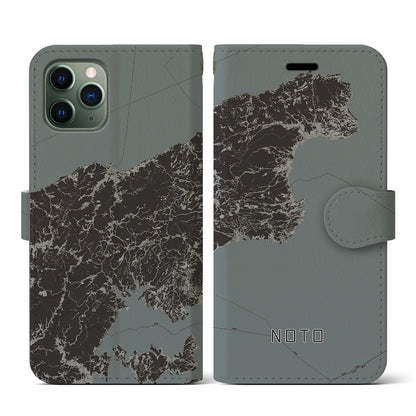 【能登（石川県）】地図柄iPhoneケース（手帳タイプ）モノトーン・iPhone 11 Pro 用