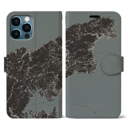 【能登（石川県）】地図柄iPhoneケース（手帳タイプ）モノトーン・iPhone 12 / 12 Pro 用