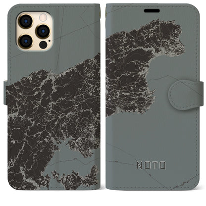 【能登（石川県）】地図柄iPhoneケース（手帳タイプ）モノトーン・iPhone 12 Pro Max 用