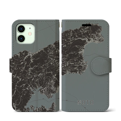 【能登（石川県）】地図柄iPhoneケース（手帳タイプ）モノトーン・iPhone 12 mini 用