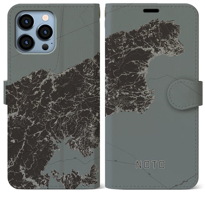 【能登（石川県）】地図柄iPhoneケース（手帳タイプ）モノトーン・iPhone 13 Pro Max 用