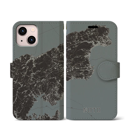 【能登（石川県）】地図柄iPhoneケース（手帳タイプ）モノトーン・iPhone 13 mini 用