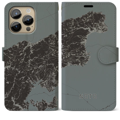 【能登（石川県）】地図柄iPhoneケース（手帳タイプ）モノトーン・iPhone 14 Pro Max 用