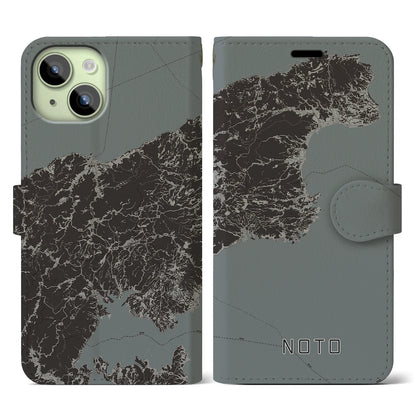 【能登（石川県）】地図柄iPhoneケース（手帳タイプ）モノトーン・iPhone 15 用