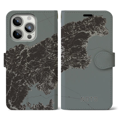 【能登（石川県）】地図柄iPhoneケース（手帳タイプ）モノトーン・iPhone 15 Pro 用