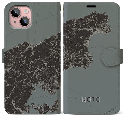 【能登（石川県）】地図柄iPhoneケース（手帳タイプ）モノトーン・iPhone 15 Plus 用