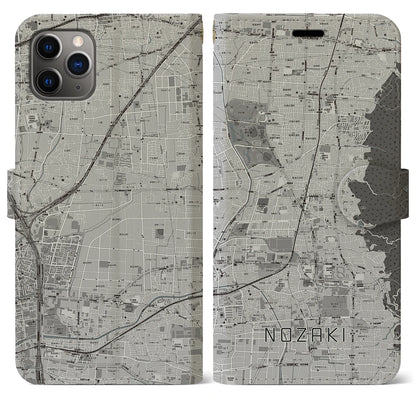 【野崎（大阪府）】地図柄iPhoneケース（手帳タイプ）モノトーン・iPhone 11 Pro Max 用