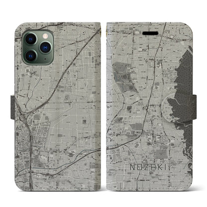 【野崎（大阪府）】地図柄iPhoneケース（手帳タイプ）モノトーン・iPhone 11 Pro 用
