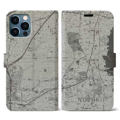 【野崎（大阪府）】地図柄iPhoneケース（手帳タイプ）モノトーン・iPhone 12 / 12 Pro 用