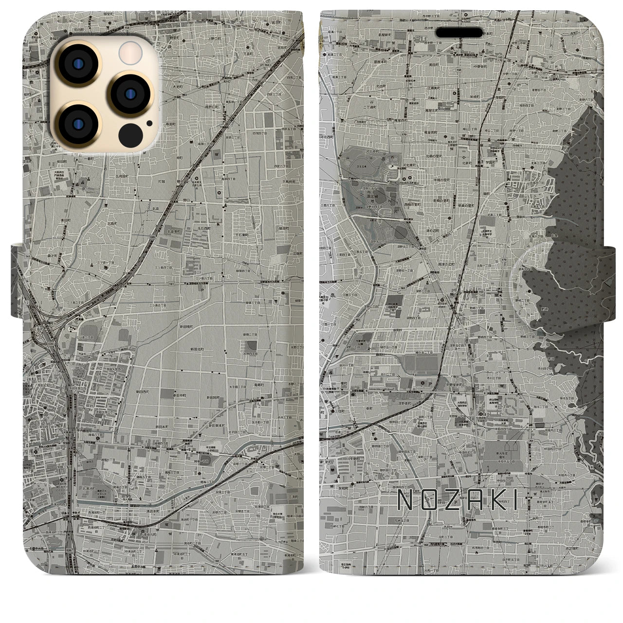 【野崎】地図柄iPhoneケース（手帳両面タイプ・モノトーン）iPhone 12 Pro Max 用