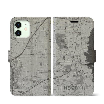 【野崎（大阪府）】地図柄iPhoneケース（手帳タイプ）モノトーン・iPhone 12 mini 用