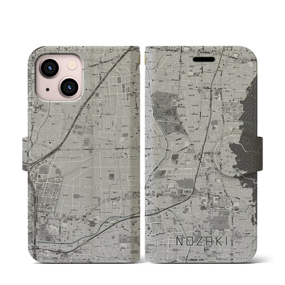 【野崎（大阪府）】地図柄iPhoneケース（手帳タイプ）モノトーン・iPhone 13 mini 用