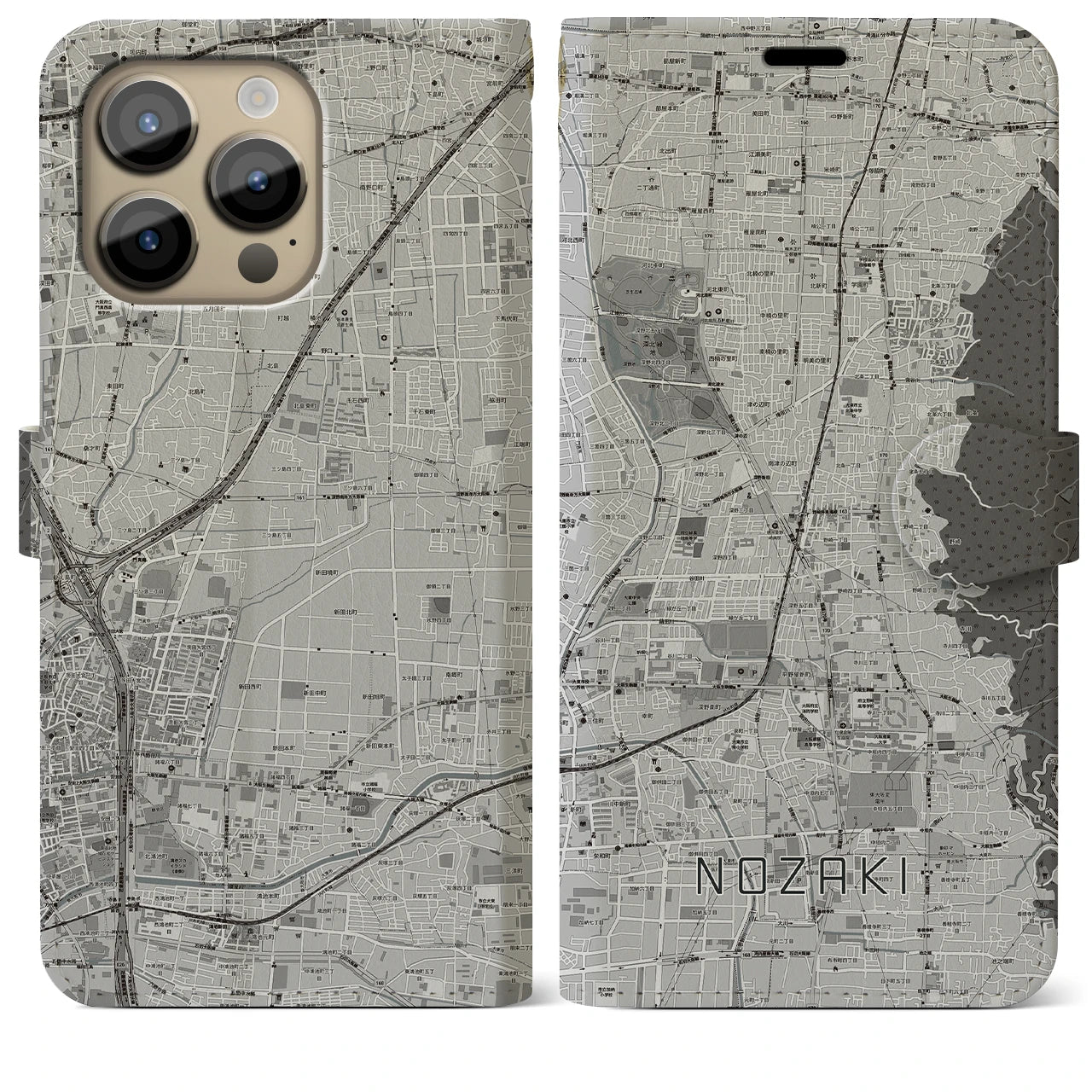 【野崎】地図柄iPhoneケース（手帳両面タイプ・モノトーン）iPhone 14 Pro Max 用