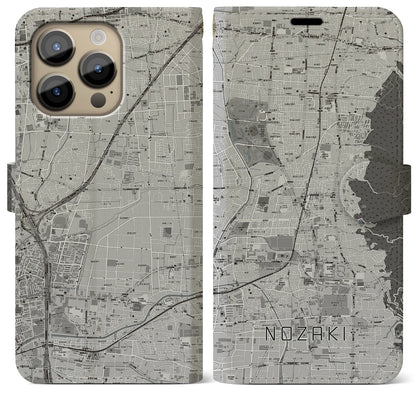 【野崎（大阪府）】地図柄iPhoneケース（手帳タイプ）モノトーン・iPhone 14 Pro Max 用