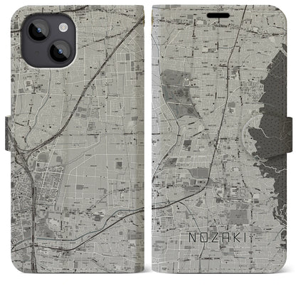 【野崎（大阪府）】地図柄iPhoneケース（手帳タイプ）モノトーン・iPhone 14 Plus 用