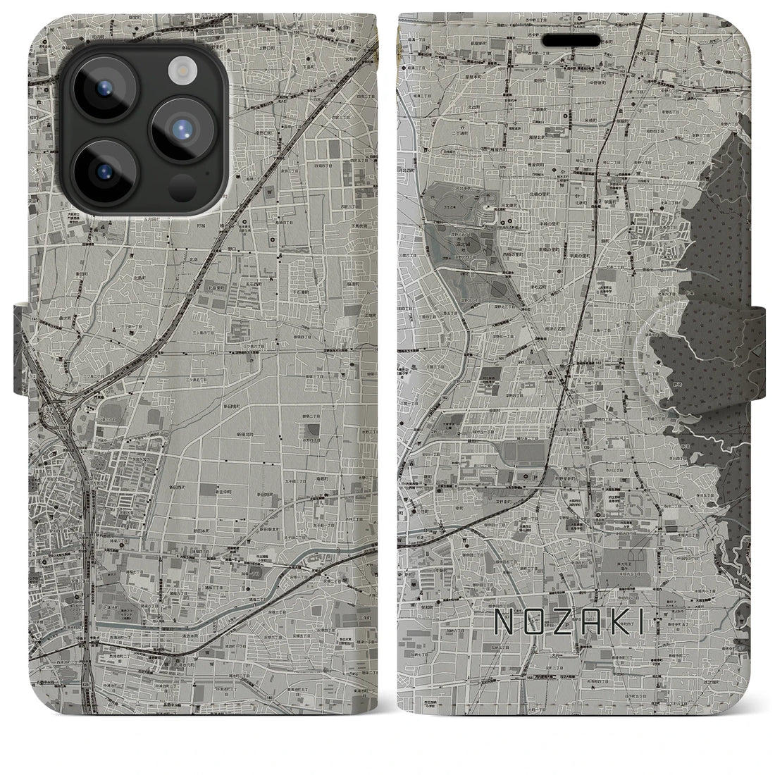 【野崎】地図柄iPhoneケース（手帳両面タイプ・モノトーン）iPhone 15 Pro Max 用