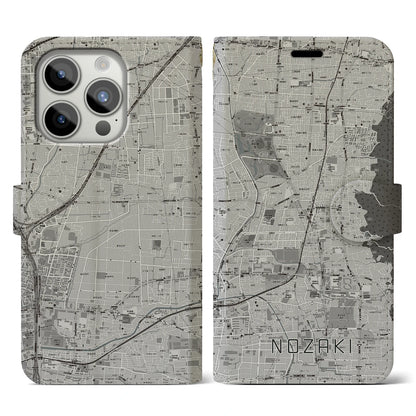 【野崎（大阪府）】地図柄iPhoneケース（手帳タイプ）モノトーン・iPhone 15 Pro 用