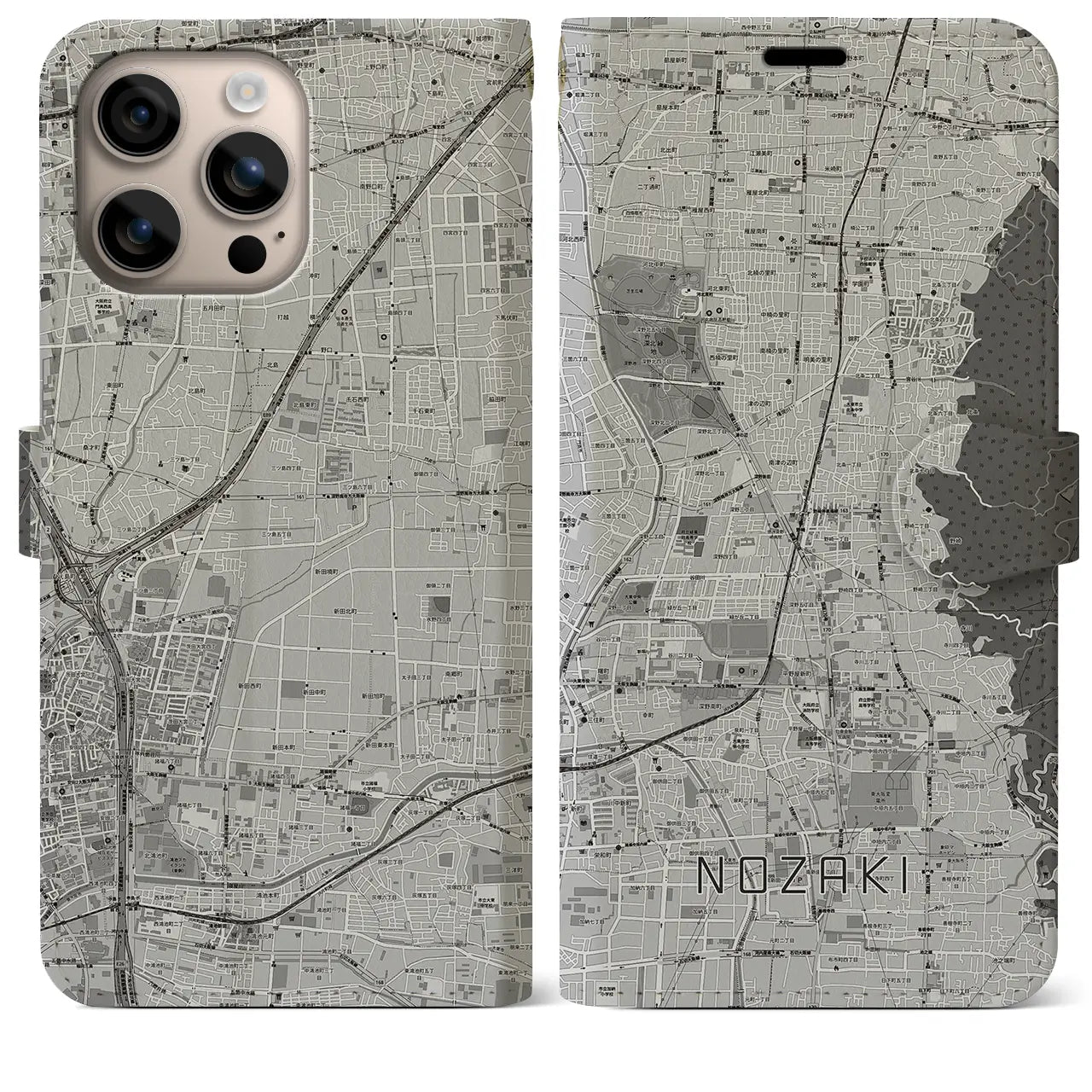 【野崎（大阪府）】地図柄iPhoneケース（手帳タイプ）モノトーン・iPhone 16 Plus 用