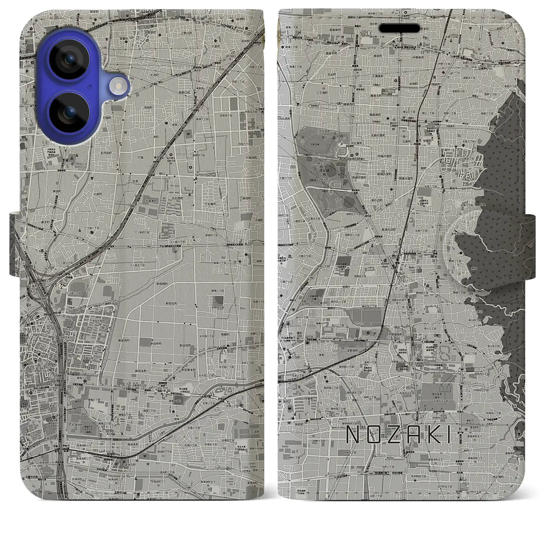 【野崎(大阪府)】地図柄iPhoneケース(手帳タイプ)モノトーン・iPhone 16 Pro Max 用